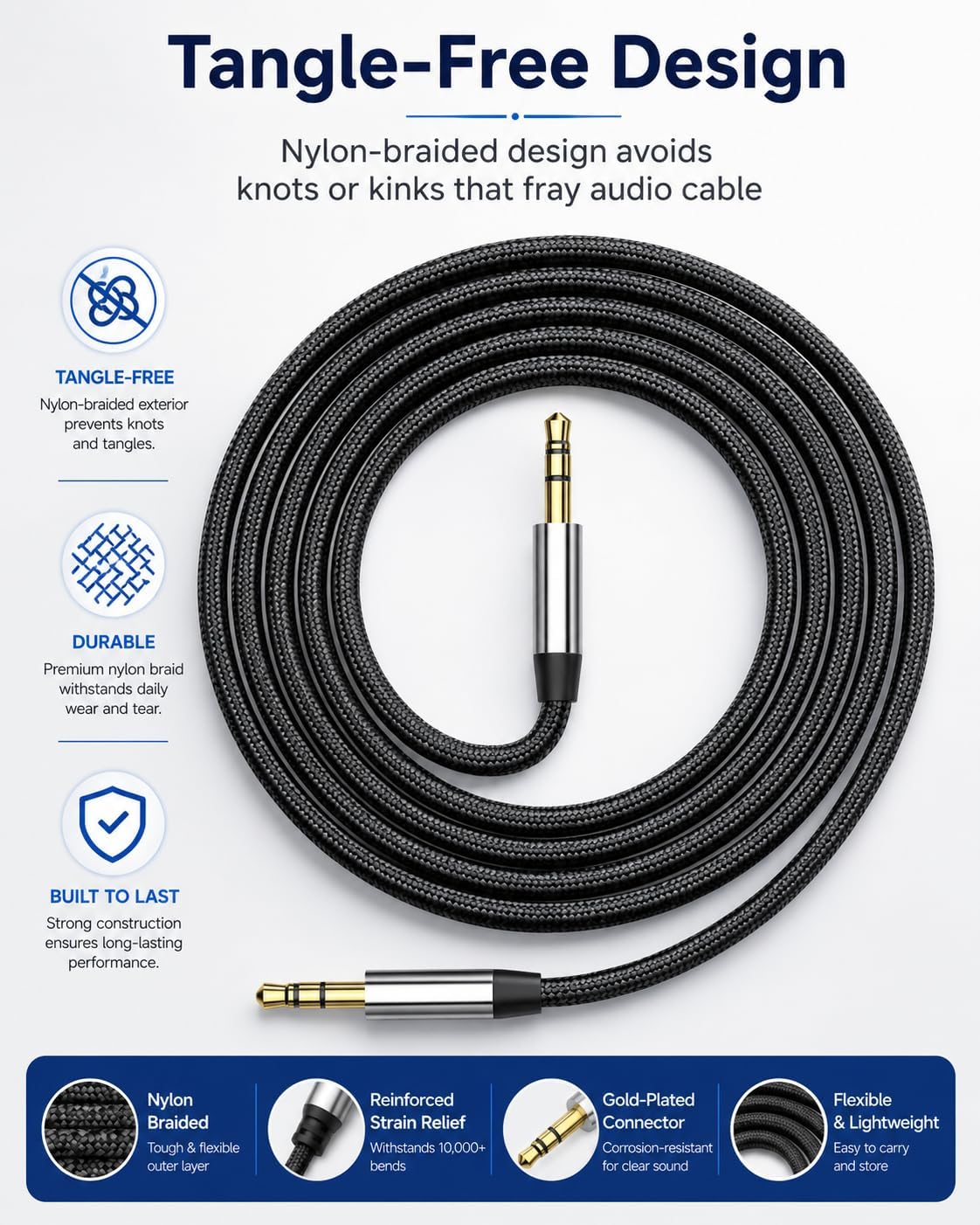 3.5mm Audio Jack to Jack Braided Auxiliary Cable - Works with Mobile MP3 / MP4 Players and more