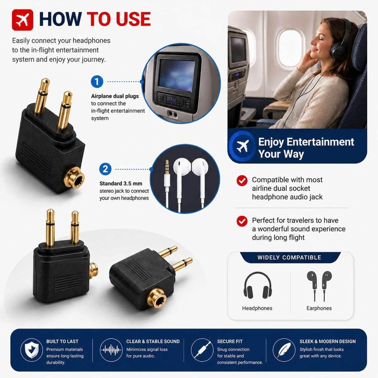 3.5mm Airplane Headphone Socket Adapter - Gold Plated Dual Mono Plug to Stereo Jack - Pack of 5