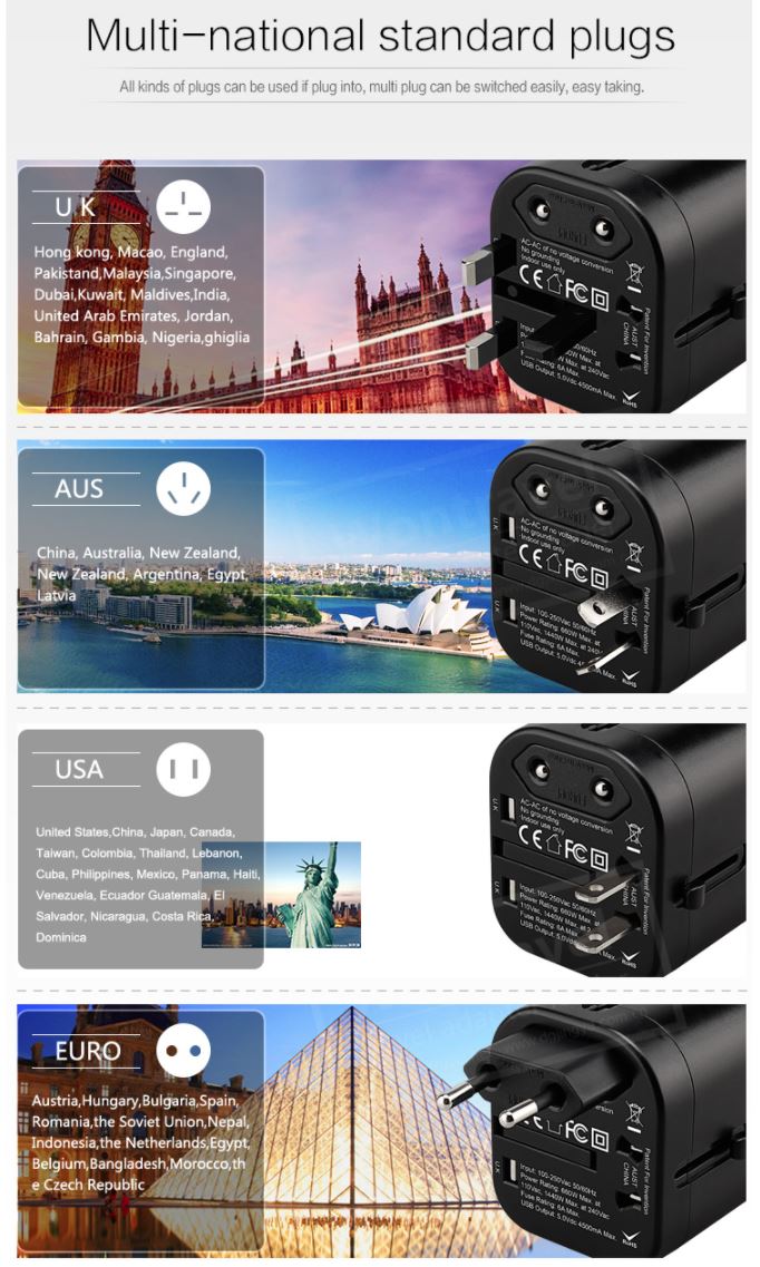 Multi USB Ports International Travel Adapter For UK, AUS, USA And EURO