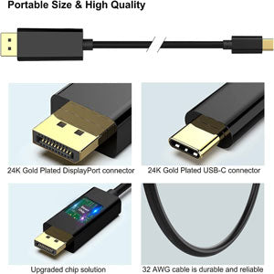 USB-C to DisplayPort Cable Gold Plated - 4K 60Hz - Black - USB 3.1 Type C to DP Adapter