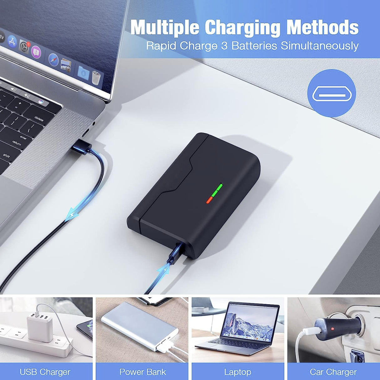 USB Battery Charger For GoPro HERO 5, HERO5 Session, HERO5 Black Action Camera - Triple Battery Charger