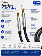 3.5mm Audio Jack to Jack Braided Auxiliary Cable - Works with Mobile MP3 / MP4 Players and more