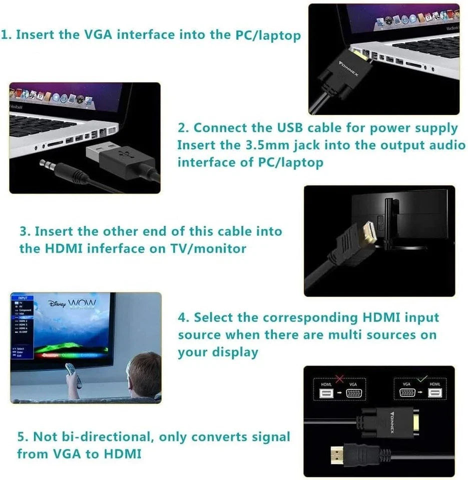VGA to HDMI Adapter with 3.5mm Audio Jack – 1080p Converter for PC, Laptop, HDTV