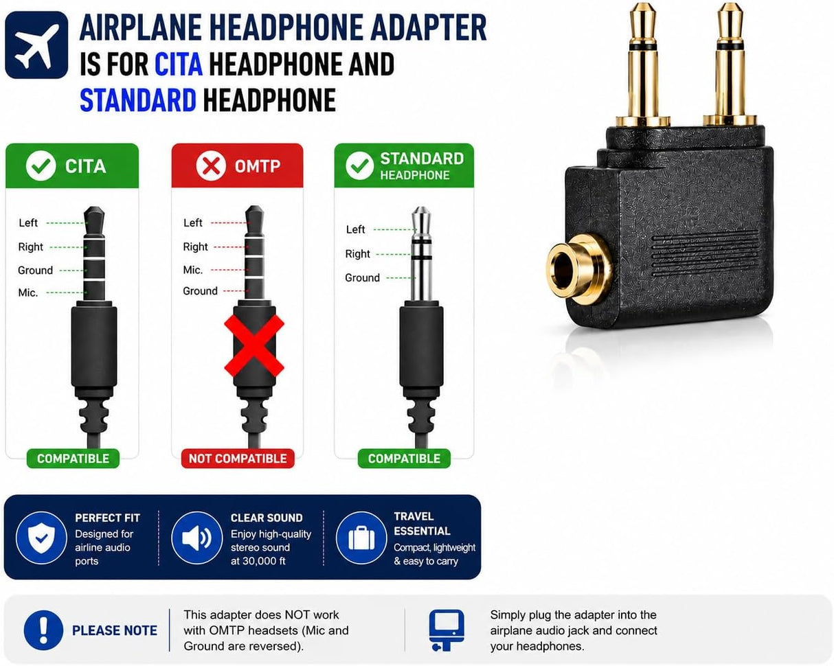 3.5mm Airplane Headphone Socket Adapter - Gold Plated Dual Mono Plug to Stereo Jack - Pack of 5