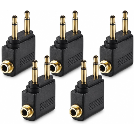 3.5mm Airplane Headphone Socket Adapter - Gold Plated Dual Mono Plug to Stereo Jack - Pack of 5