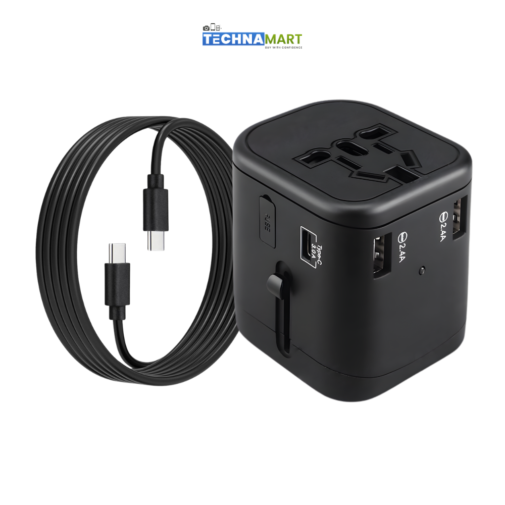 Multi Port International Travel Adapter + Type-C Cable Bundle – UK, AUS, USA & EU Compatible