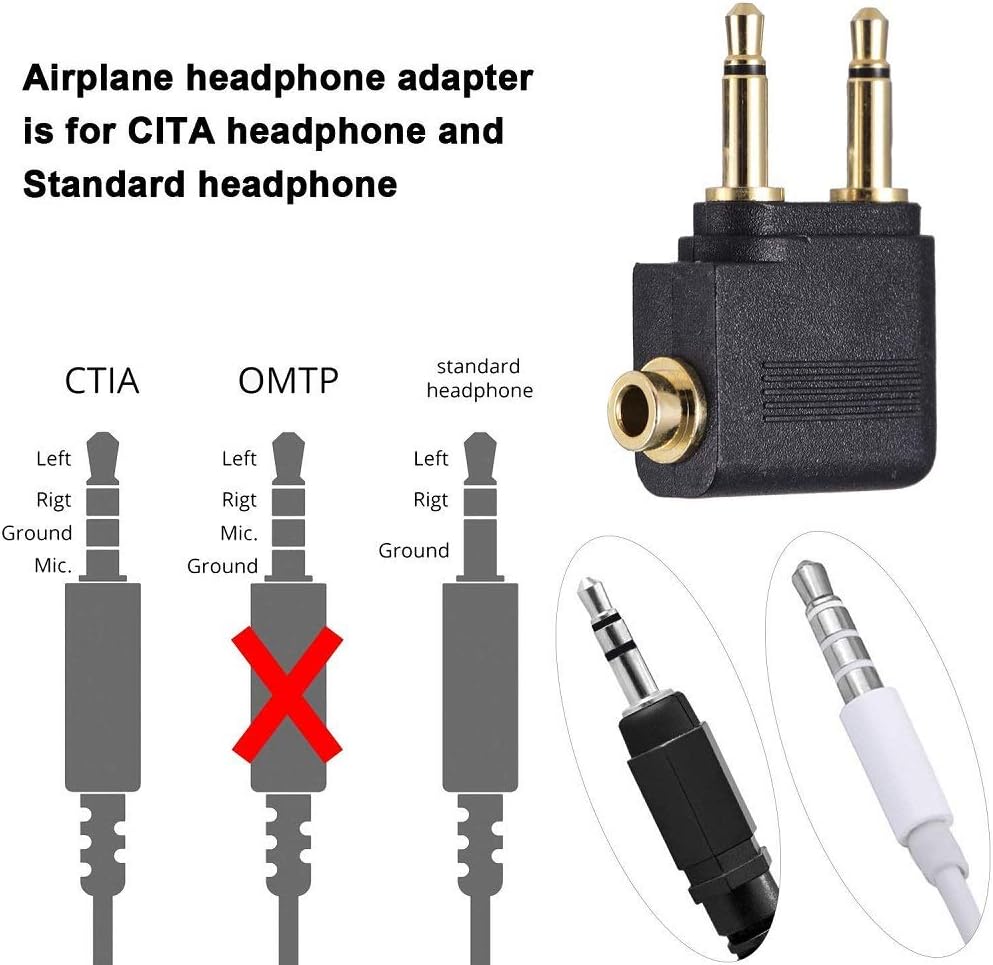 3.5mm Airplane Headphone Socket Adapter - Gold Plated Dual Mono Plug to Stereo Jack